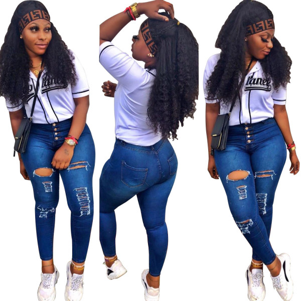 All Match Women Slit Ripped Hole Skinny Jeans For Wholesale SY8405