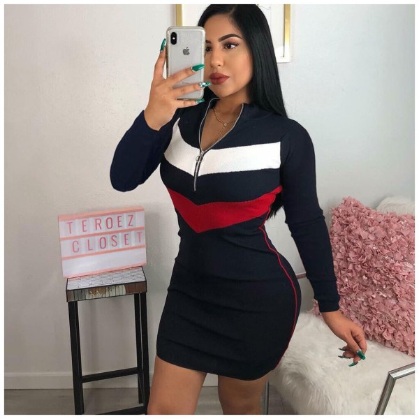 Hot Sell Color Patchwork Long Sleeves Bodycon Dresses ORY5060