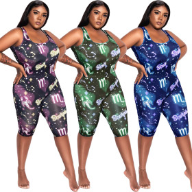 Fashion Star Printed Suspender Round Neck Plus Size Jumpsuit TK6091