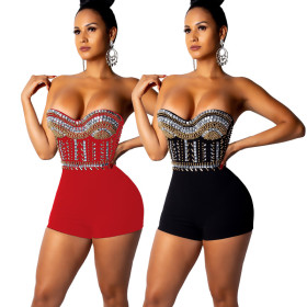 Red/Black Hot Rhinestone Off Shoulder Bodycon Jumpsuit CCY8042