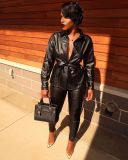 Fashionable Mature Women Bodycon Pu Leather Black Outfits W8249