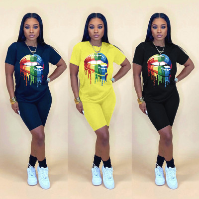 Fashion women's lips printed casual suit YZM5113