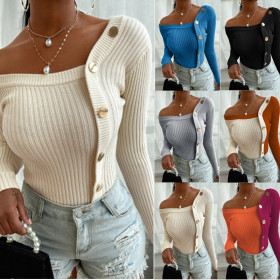 Autumn Knitting Stitching Button One Shoulder Long Sleeves Mini Top ST20209