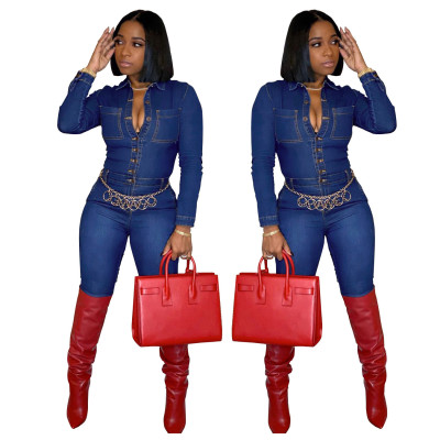 Women Bodycon Denim Button Down Fashion Jumpsuit SMR9531