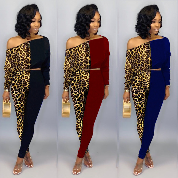 Oblique Shoulder T-Shirt Skinny Pants Leopard Printing Oversize Sets K8856