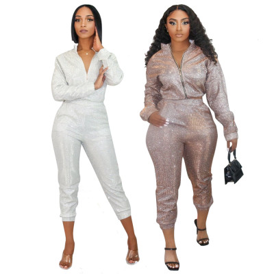 Long Sleeve Top Slim Pencil Pants Sequins Home Party Two-piece Set CCY8749