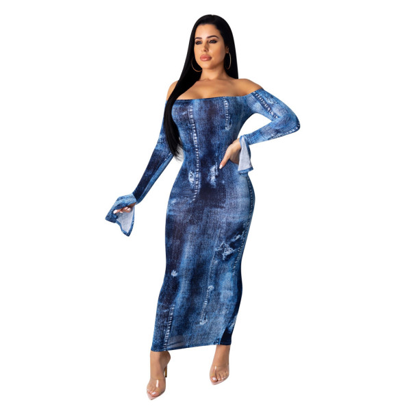 Fashion Split Denim Print Strapless Ankle Length Dress AMM8211