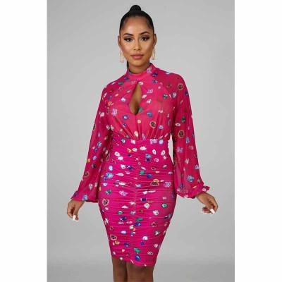 Printed long sleeve sexy dress MYF9549