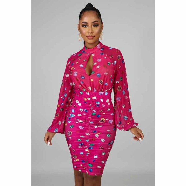 Printed long sleeve sexy dress MYF9549