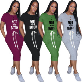 Women's cotton elasticated waist short sleeve letter printed dress AC8171