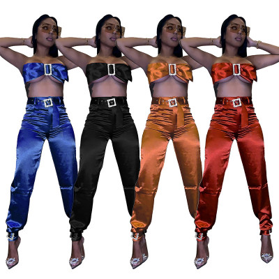Fashion Satin Fabric Slim Outfits Condole Belt Crop Top Ankle-Tied Pants MY9543