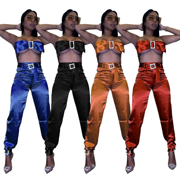 Fashion Satin Fabric Slim Outfits Condole Belt Crop Top Ankle-Tied Pants MY9543