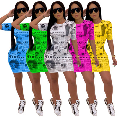 Cheap 5 Colors Newspaper Printed Short Sleeves Dress SDD9153