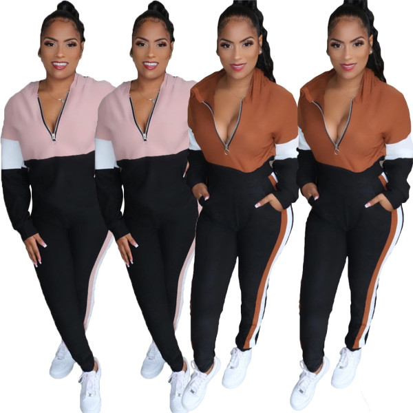 Women's Zipper Hooded Long Sleeves Color Patchwork Bodycon Pants Set T3399