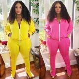 Casual Contrast Stitching Zipper Long Sleeves Top With Split Trousers Plus Size Two Pieces Sets OMF2