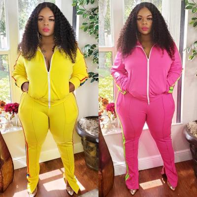 Casual Contrast Stitching Zipper Long Sleeves Top With Split Trousers Plus Size Two Pieces Sets OMF2