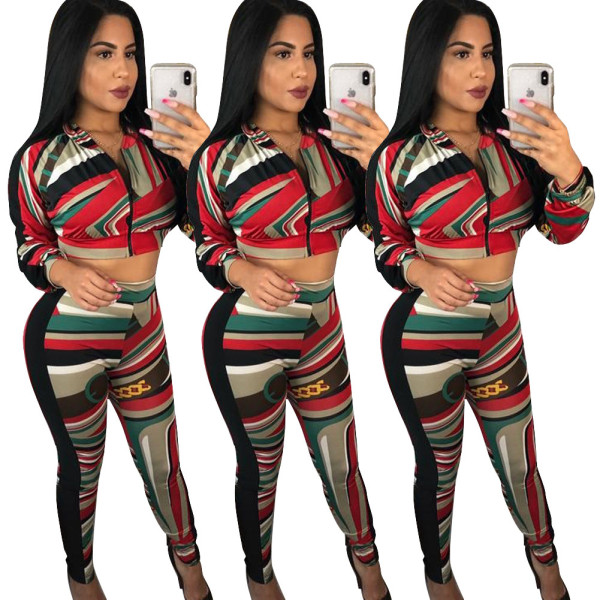 Colorful Print Long Sleeves Tops+Skinny Leggings SDD9063