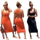 Sexy Solid Color Suspenders Backless Hole Bodycon Dress LM8157