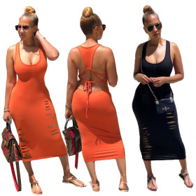 Sexy Solid Color Suspenders Backless Hole Bodycon Dress LM8157