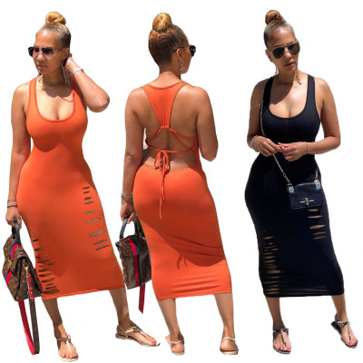 Sexy Solid Color Suspenders Backless Hole Bodycon Dress LM8157