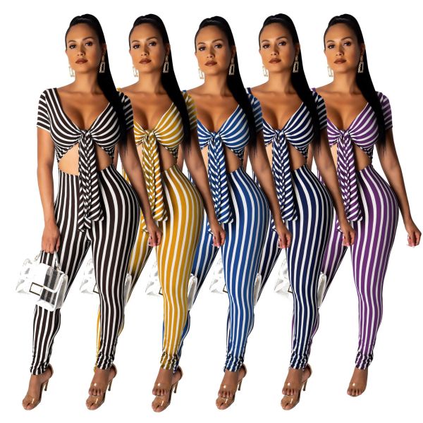 New Design Women Stripe V Collar Tied Skinny Jumpsuit SMR9312