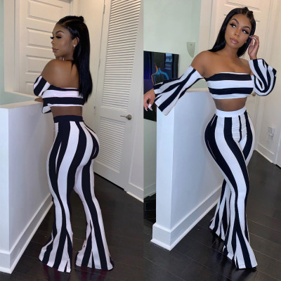 Off Shoulder Top Flares Pants Daily Wear Stripe Outfits HM5256