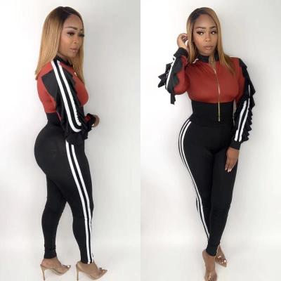 Stripe Patchwork Bodycon Sets Zipper Ruffle Coat Skinny Pants HH8899