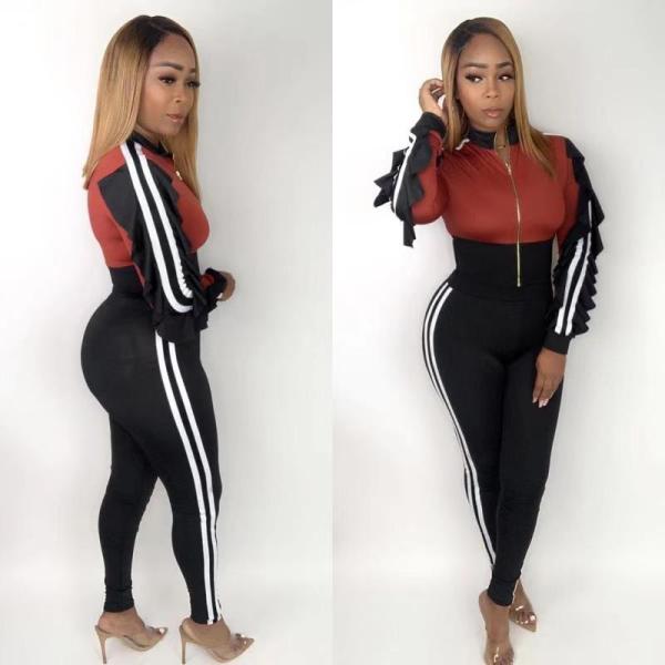 Stripe Patchwork Bodycon Sets Zipper Ruffle Coat Skinny Pants HH8899