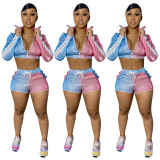 Sports Zipper V-Neck Long Sleeves Mini Top With Drawstring Shorts Two Pieces Sets YD8249