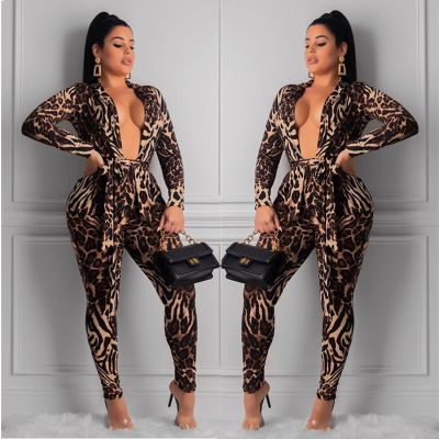 Euramerican Printing Deep V Collar Skinny Jumpsuit MDF5089
