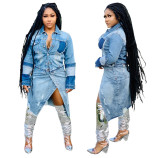 Trendy Denim Patchwork Long Sleeves Casual Coat QZ6108