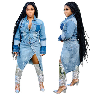 Trendy Denim Patchwork Long Sleeves Casual Coat QZ6108