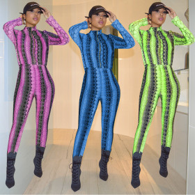 Slim Bodycon Snake Print 3 Colors Long Sleeves Mesh Jumpsuit ALS119