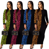 Fashion leopard print stitching long sleeve dress ML7357
