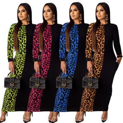 Fashion leopard print stitching long sleeve dress ML7357