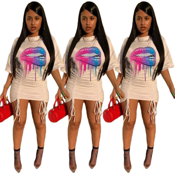 Sexy Lips Printed Round Neck Short Sleeves Drawstring Mini Dress LJ6016