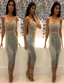Trendy Bandage Tassels Glitter Top Tight Pants CCY8028