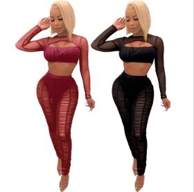 Sexy nightclub net yarn long sleeve pants set FM1121