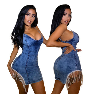 Fashion suspenders denim backpack hip mid-length slim denim skirt JLX6037
