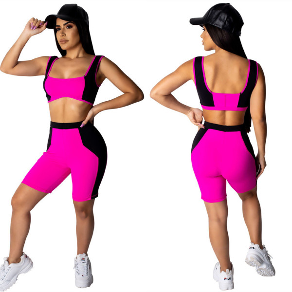 Sport Color Patchwork Hot Suits Tank Top Bodycon Shorts LS6249