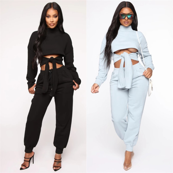 Plain Color Winter Leisure Suits Tied Crop Top Women Pants LS6321