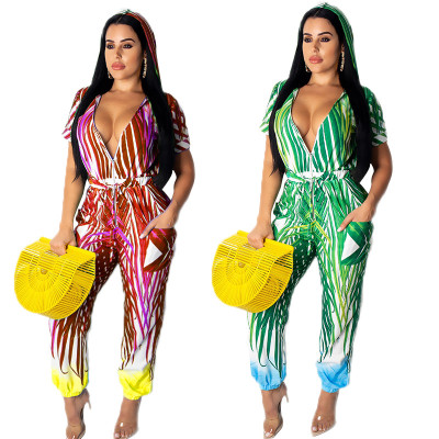 Short Sleeves Printing Harem Pants Zipper Hooded Jumpsuit MY9381
