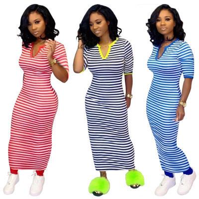 Casual V Collar Striped Bodycon Half Sleeves Long Dress SY8381