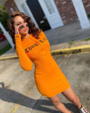 Fashion Letters Printed Long Sleeves Women Knit Bodycon Dress FF1040