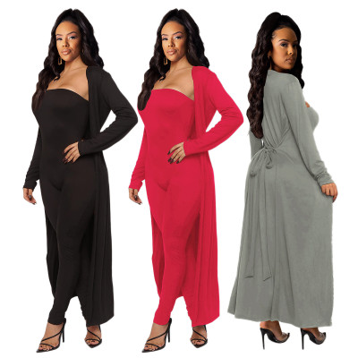 Stylish Winter Sets Off Shoulder Bodycon Jumpsuit Bandage Long Coat CY7144