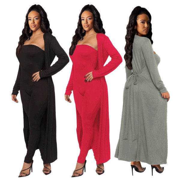 Stylish Winter Sets Off Shoulder Bodycon Jumpsuit Bandage Long Coat CY7144
