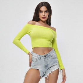 Long-sleeved strapless shoulders solid color T-shirt female T0895