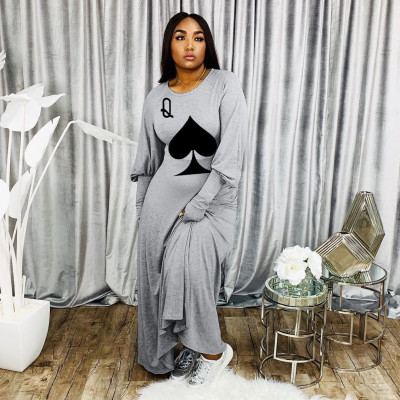 Womens Q-print gray loose long dress BD8021