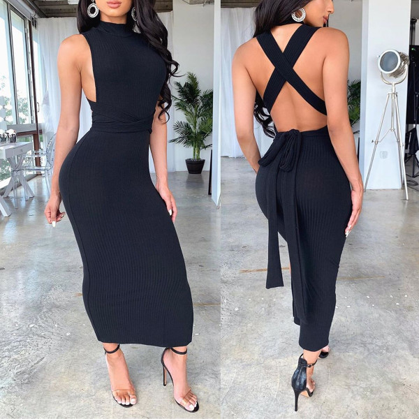 Sexy Women Solid Color Backless One-Step Dress SH7128