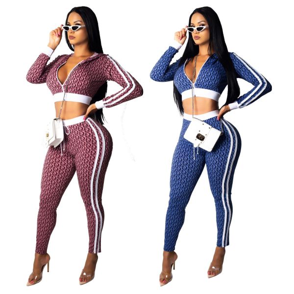 Zip Up Crop Tops Print Elastic Pants Sports Sets SMR9050